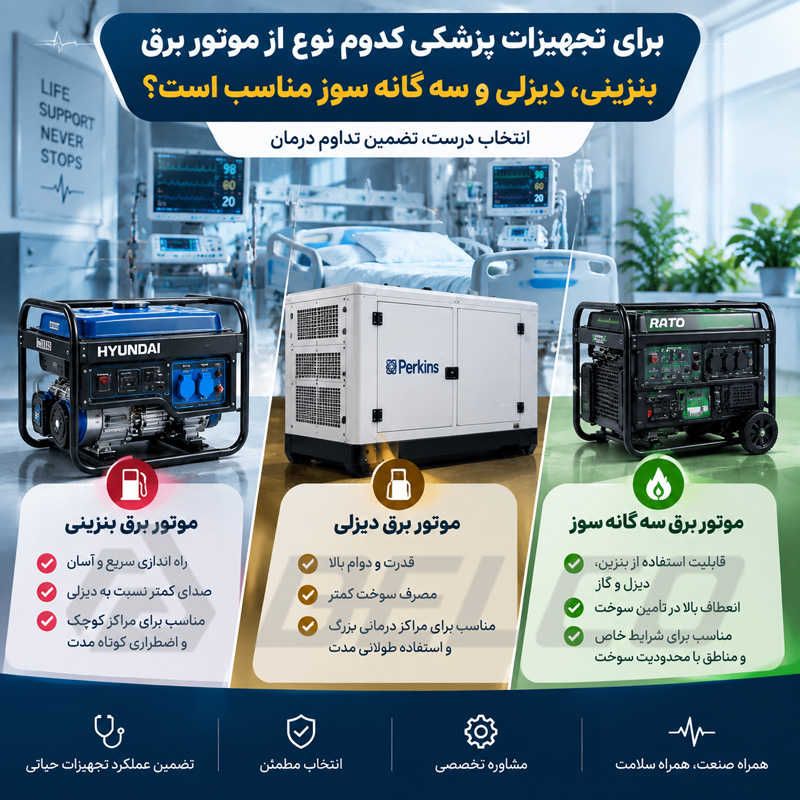 برای تجهیزات پزشکی کدوم نوع از موتور برق های بنزینی، دیزلی و سه گانه سوز مناسب است؟